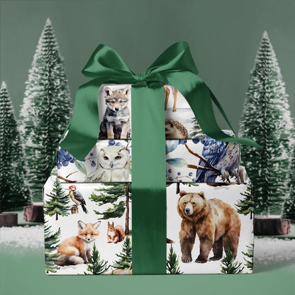WRAPAHOLIC Kraft Christmas Wrapping Paper Roll - Mini Roll - 3 Rolls - 17 Inch x 120 Inch Per Roll - White Wild Animals Winterfall Watercolor Holiday Collection