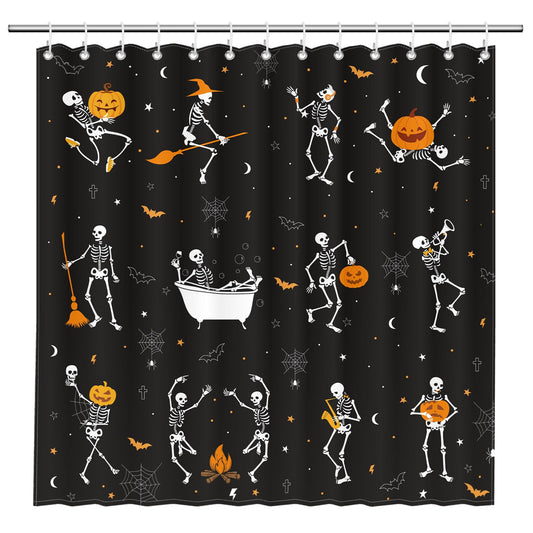BOARDFEB Halloween Skull Shower Curtain for Bathroom 72 x 72 Inches Funny Black and White Gothic Skeleton Dance Water-Repellent Fabric Shower Curtains Pumpkins Dancing Bath Decor with 13 Hooks