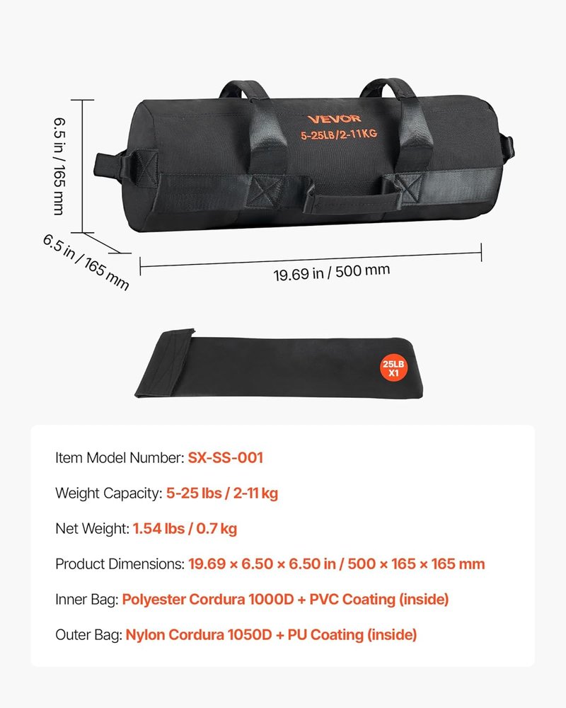 VEVOR Heavy Duty Workout Sandbag - Power Training Slam Bag for Strength & Cross-Training | Black (Unfilled)