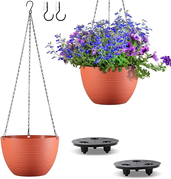 Set of 2 10 Inch Self Watering Hanging Planters for Indoor Outdoor Plants, Light Textured Hanging Baskets Flower Pots with Drainage Hole & Plug and 20" Chain Hanger