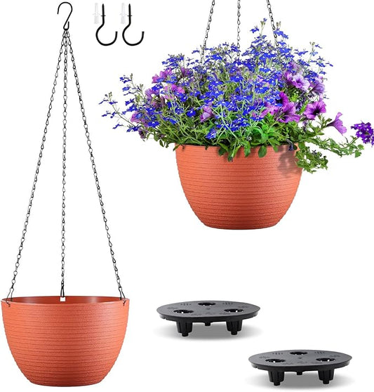 Set of 2 10 Inch Self Watering Hanging Planters for Indoor Outdoor Plants, Light Textured Hanging Baskets Flower Pots with Drainage Hole & Plug and 20" Chain Hanger