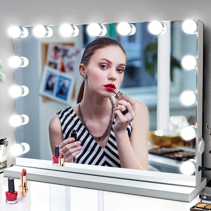 M MIVONDA Hollywood Vanity Mirror with Dimmable 15LED Bulbs Lights 3 Lighting Modes 2in1 Large Lighted Makeup Mirror for Desk and Wall with Plug-in and USB Charger Port