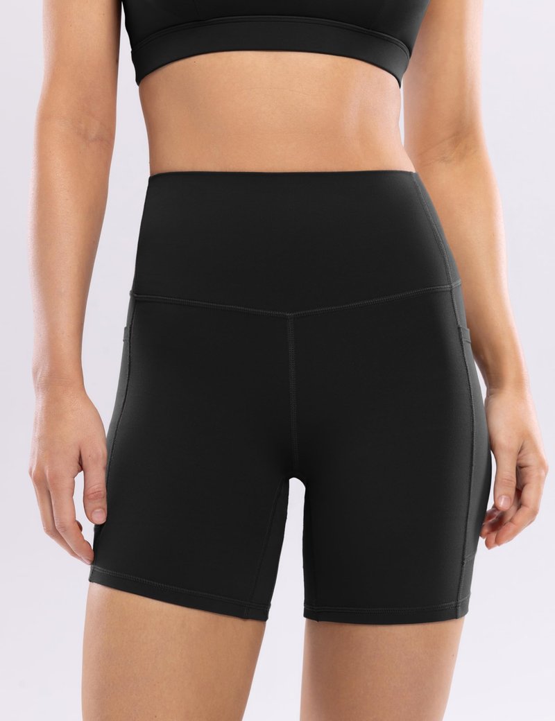 POSHDIVAH Women's Creamluxe Yoga Shorts with Pockets - 6" High Waisted Spandex Workout Running Volleyball Biker Shorts, Black Medium