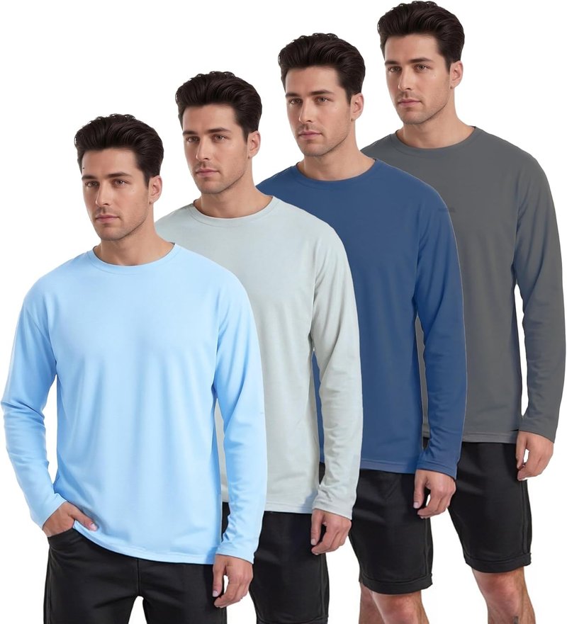 Men's UPF 50+ Rash Guard Swim Shirts - 4 Pack Long Sleeve UV Protection | Ideal for Fishing & Outdoor Activities