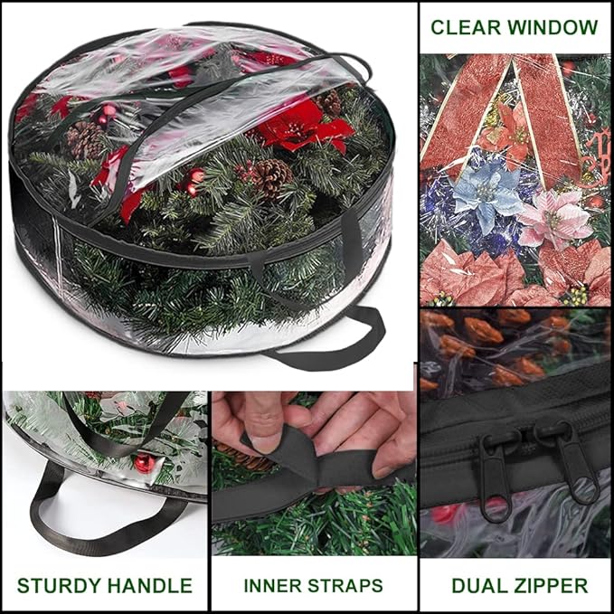 ProPik Christmas Wreath Storage Bag 30" - 2 Pack Clear Christmas Wreath Storage Container- Garland Holiday Artificial Wreath Storage Holder –Water Proof Transparent Clear PVC (30 Inch, Black)