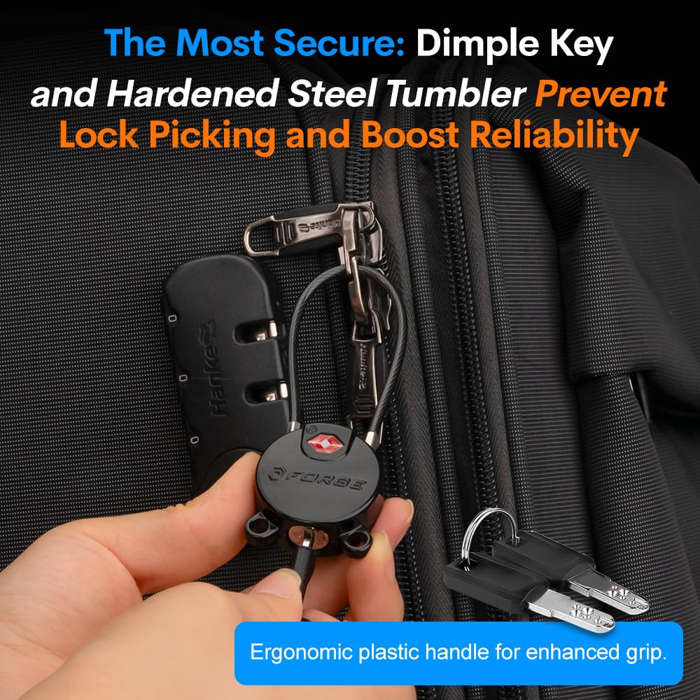 Forge TSA Approved Luggage Locks Ultra-Secure Dimple Key Cable Locks for Travel with Zinc Alloy Body- 6 Black Locks