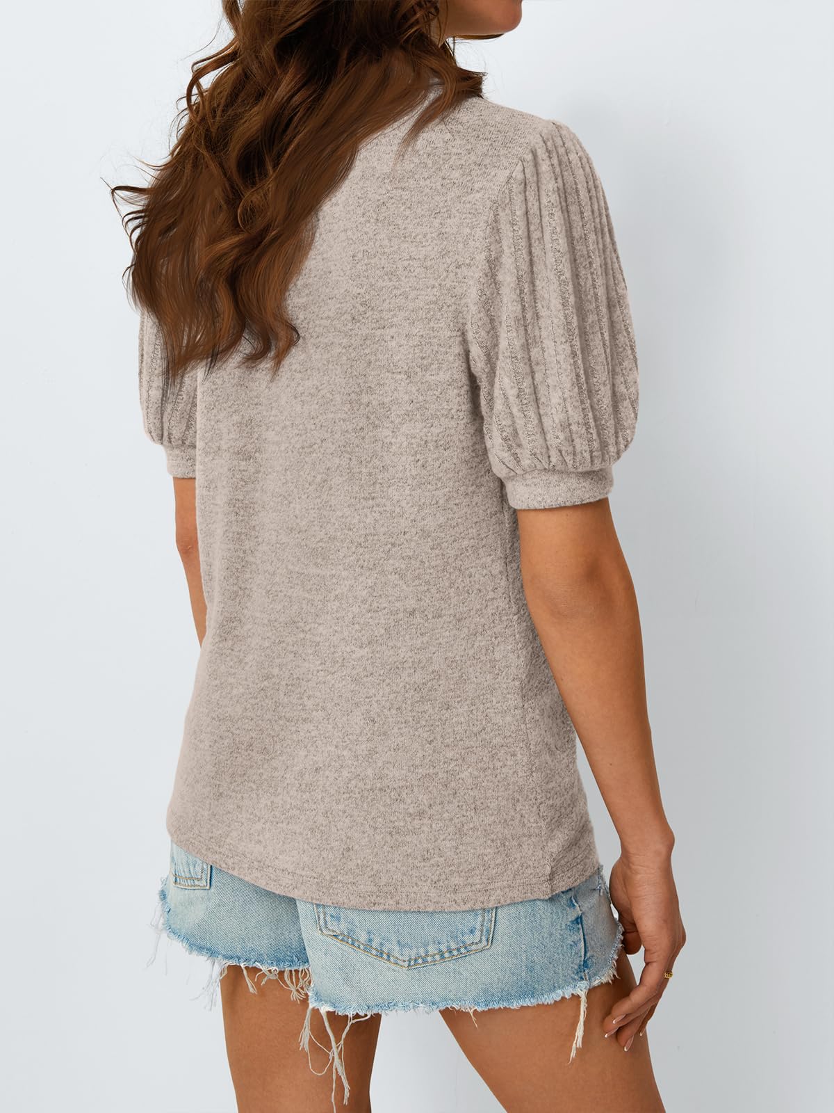 AUTOMET Womens Summer Tops Dressy Casual Blouses Business Short Sleeve Shirt 2025 Cute Trendy Sweater Khaki M