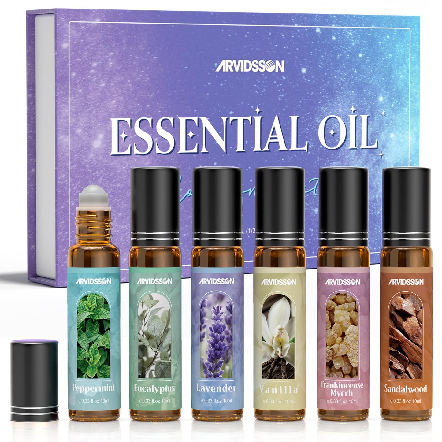 Essential Oils Roll On Gift Set, Natural Aromatherapy Oil Roller for Body, Skin, Massage - Lavender, Peppermint, Frankincense & Myrrh, Eucalyptus, Vanilla, Sandalwood, Gift for Women