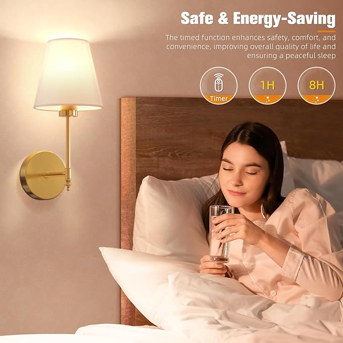NIORSUN 14.5 inch Battery Operated Wall Sconce Set of 2,Gold Rechargeable Wall Lights with 5200mAh Dimmable Detachable Bulbs and Remote,9 Colors Wireless Sconces for Bedroom Living Room Hallway Decor