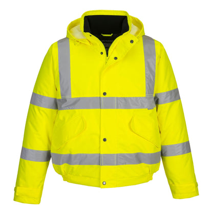 Portwest S463 Men's Hi-Vis Winter Bomber Jacket Waterproof Safety Cold Protection EN342 Certified Reflective Tape Texpel Eco Fabric Multiple Pockets Pack Away Hood, Yellow, L