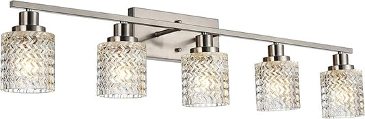 MELUCEE 5 Lights Brushed Nickel Bathroom Light Fixture Modern Light Fixtures Wall Mounted Modern Vanity Lighting with Hammered Glass Shade Suitable for Bathroom Mirror Sink Cabinet