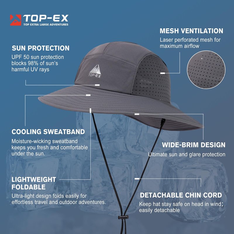TOP-EX Breathable Sun Hats for Men Waterproof Brim Bucket UPF50+ UV Protection Boonie Beach Fishing Hiking Golf Packable Gifts Big Head Large XXL XL Dark Grey