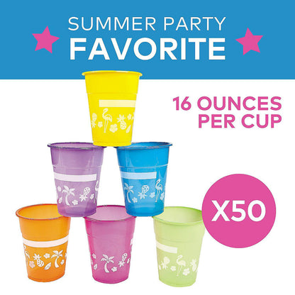 Fun Express Disposable Luau Cups (50 Cups) Bright Colors - Holds 16 oz