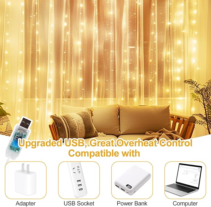 200 LED Fairy Curtain Lights, 6.6 x 6.6 FT Warm White USB Plug in 8 Modes String Hanging Lights with Remote for Christmas, Bedroom, Indoor, Outdoor, Weddings, Party (Warm White)