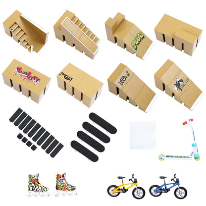 IOUGDSEC Skate Park Kit Ramp Parts for Finger Skateboard Park Kit Part Training Props with 4 Finger Decks 2 Finger Bike 1 Pair Skates and 1 Scooters