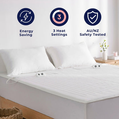 Dreamaker Dual Control Washable Fitted Electric Blanket 3 Heat Setting Safety Overheat Protection Machine Washable Underblanket White Queen