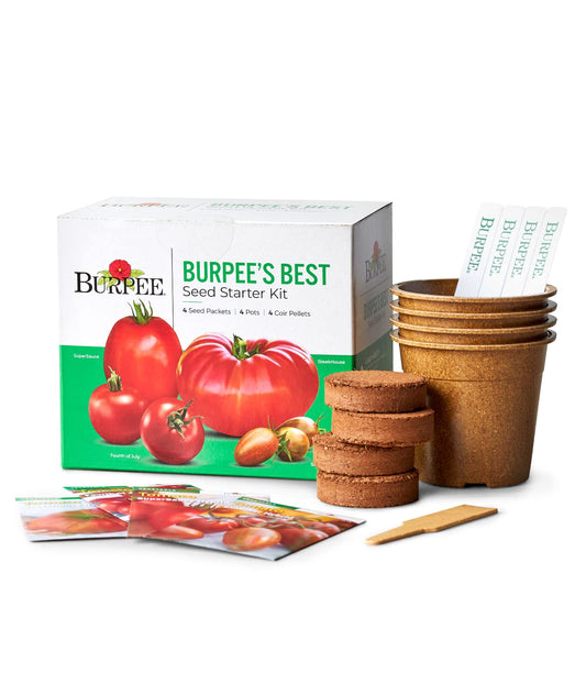 Burpee Best Starter Kit, SuperSauce, Fourth of July, Shimmer & Steakhouse, 4 Tomato Seed Packets, 4 Pots, 4 Coir Pellets & 4 Plant Markers