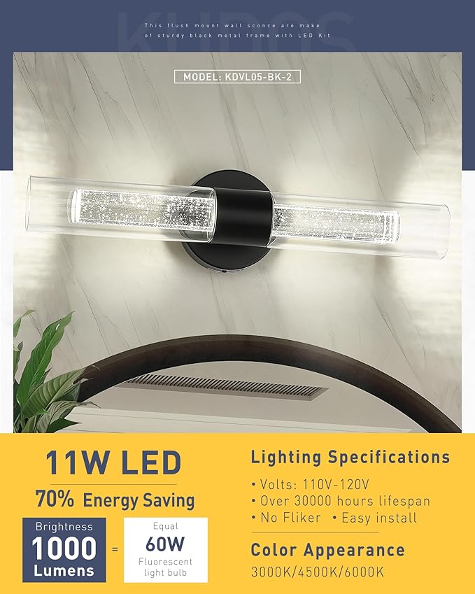 kudos Black Bathroom Sconces Wall Lighting,2 Pack LED Wall Lights with Crystal Bubble and Clear Glass, 3000K/4500K/6000K Adjustable,KDVL05-BK-2-2PK