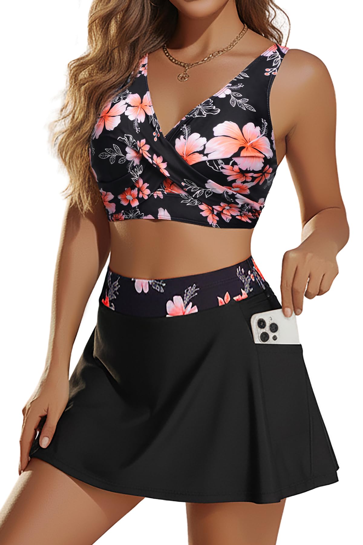Aqua Eve Two Piece Bikini Skirt Swimsuit - 2 Piece Bathing Suits for Women High Waisted with Pockets 2026 Swimwear Black Flower M