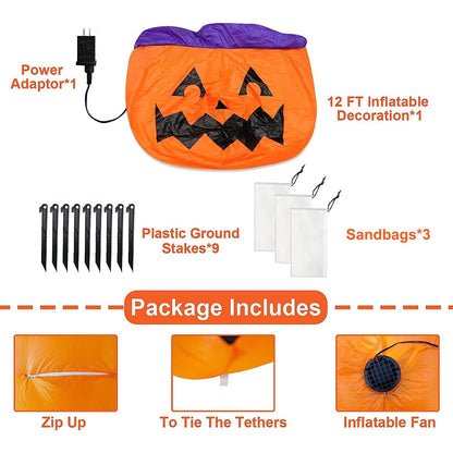 12 Ft Long Halloween Inflatables Pumpkins Outdoor Yard Decoration, 7 PCS Blow up Pumpkins and 2 Witch Hats Built-in LED Lights for Home Holiday Party Lawn Patio Outside