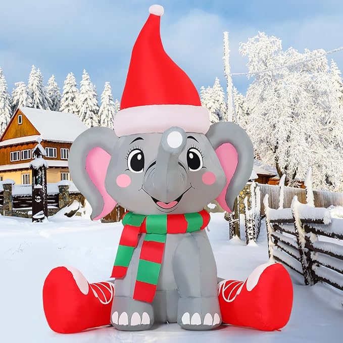 GOOSH 5 FT Christmas Inflatable Elephant Outdoor Decorations Blow Up Yard Wearing a Santa Hat with Built-in LEDs for Garden Lawn Indoor Party Decor