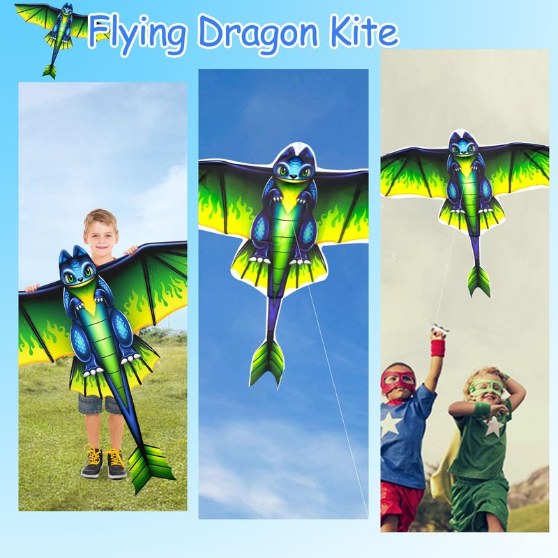 62" Dragon Kite for Kids and Adults, Easy to Fly Huge Dinosaur Kites for Kids Ages 4-8 8-12 with 328FT String for Beach Trip Yard Lawn Family Outdoor Games and Activities Birthday Gifts, 2 Pack