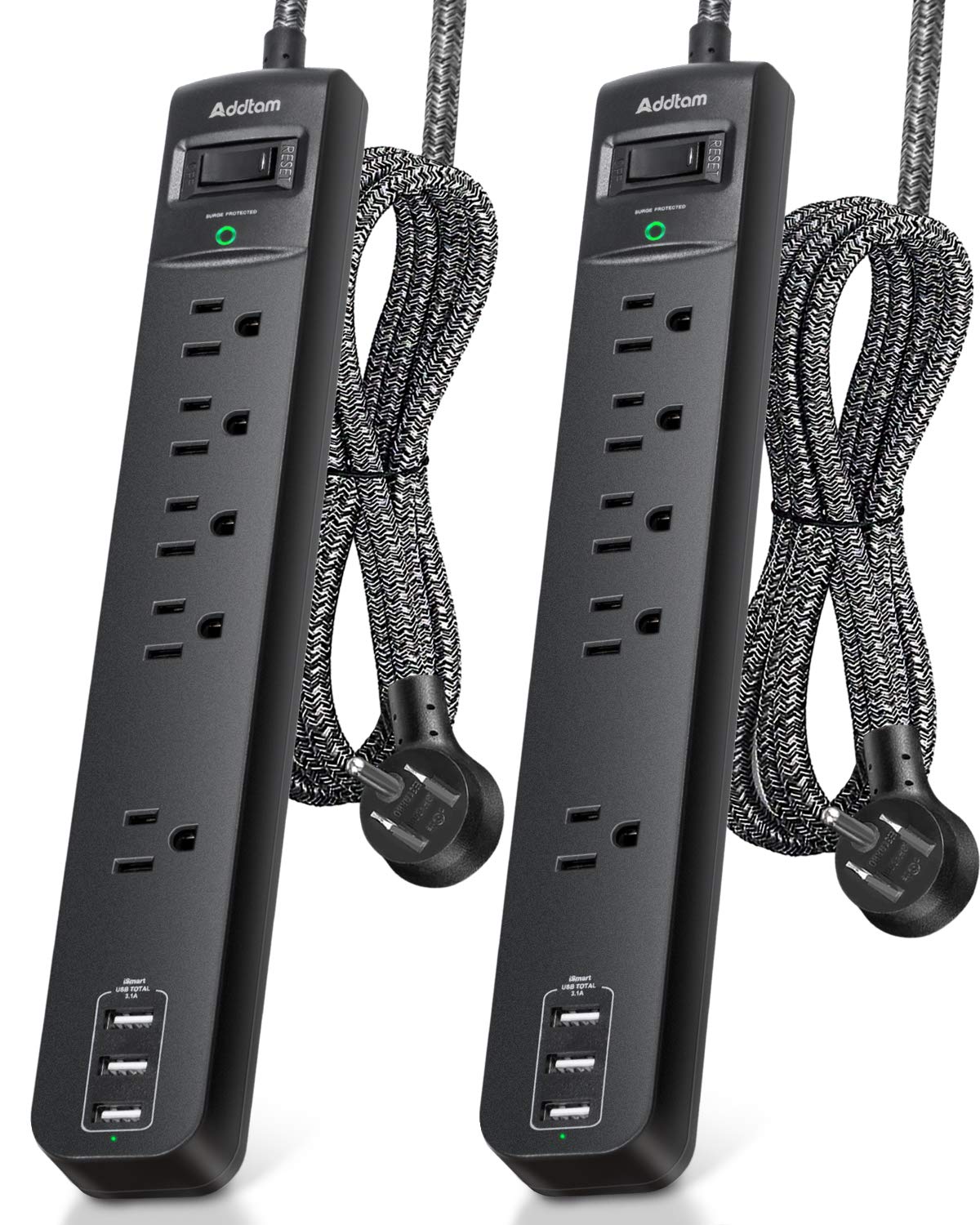 2 Pack Power Strip Surge Protector - 5 Widely Spaced Outlets 3 USB Charging Ports, 1875W/15A 6Ft Braided Extension Cord, Flat Plug Overload Protection, Wall Mount for Home Office Dorm Room Essentials