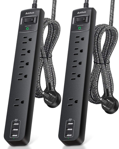 2 Pack Power Strip Surge Protector - 5 Widely Spaced Outlets 3 USB Charging Ports, 1875W/15A 6Ft Braided Extension Cord, Flat Plug Overload Protection, Wall Mount for Home Office Dorm Room Essentials