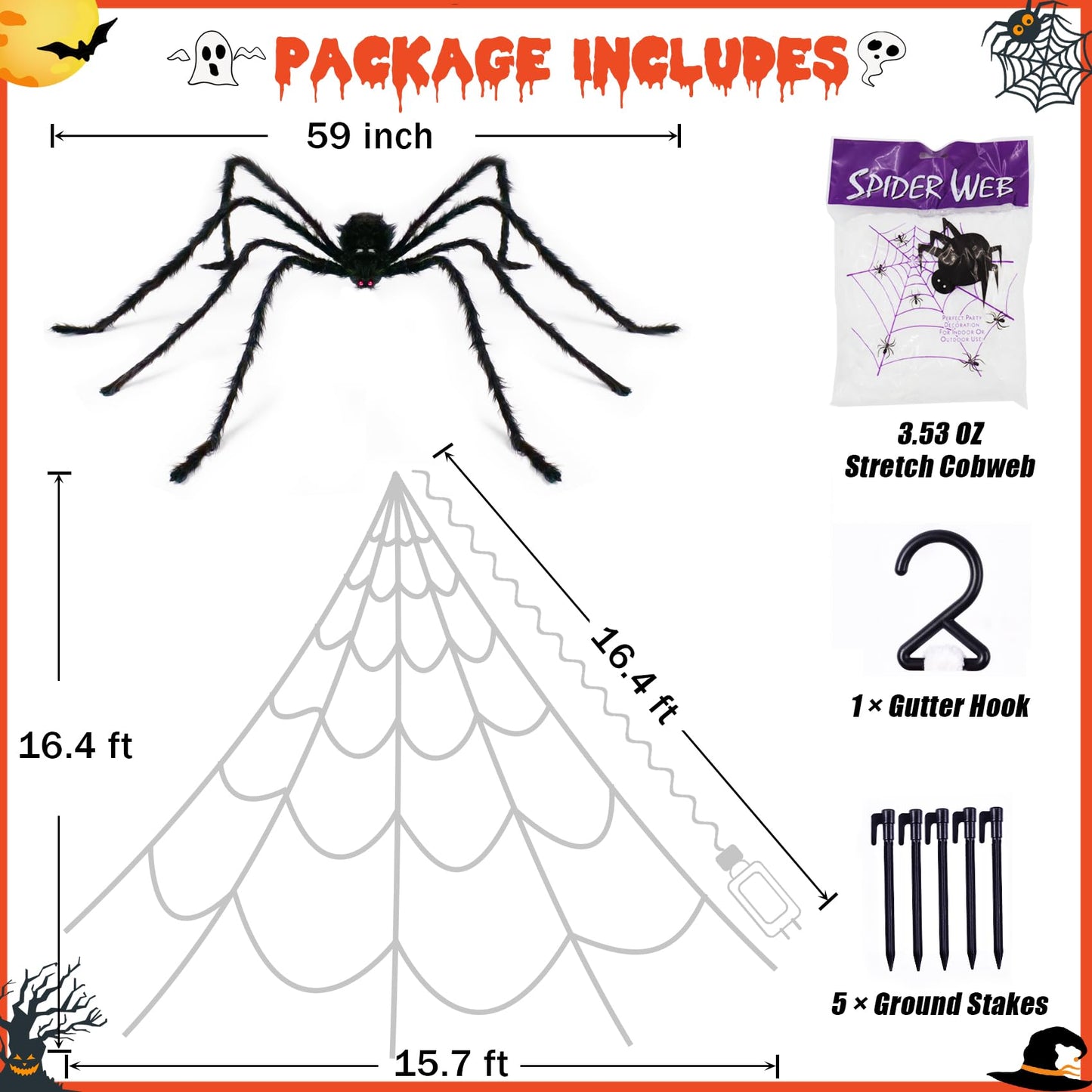 Halloween Spider Web Lights Decoration 250 LED Light up Spider Webs Halloween Decorations Outdoor with 59" Large Spider & 3.53 oz Stretch Cobweb 16.4 Ft Giant Web with 8 Modes (Purple & Orange)