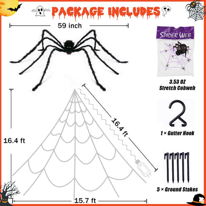 Halloween Spider Web Lights Decoration 250 LED Light up Spider Webs Halloween Decorations Outdoor with 59" Large Spider & 3.53 oz Stretch Cobweb 16.4 Ft Giant Web with 8 Modes (Purple & Orange)