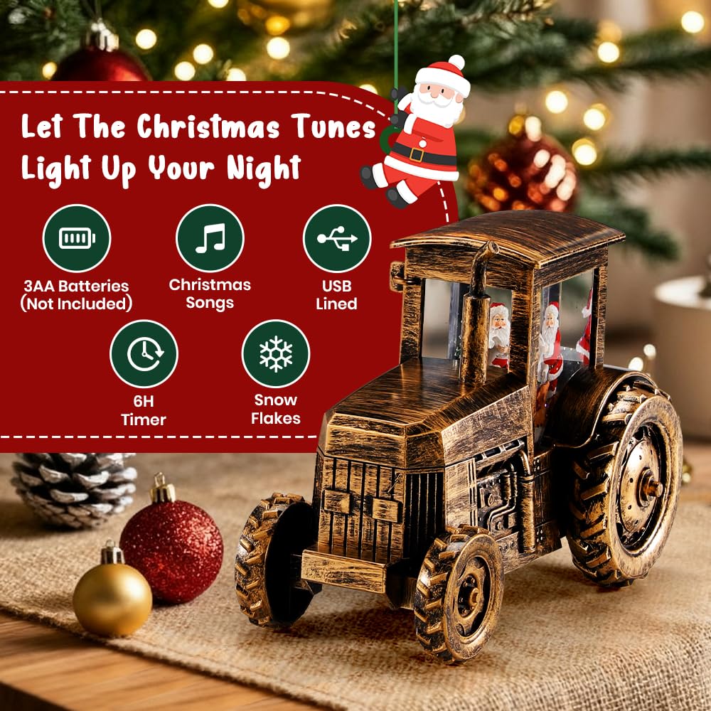Christmas Musical Tractor Snow Globe with Santa Scene, Retro LED Holiday Decoration with 8 Christmas Songs, 6H Timer and Warm Lights, Festive Gift, Tabletop Decor