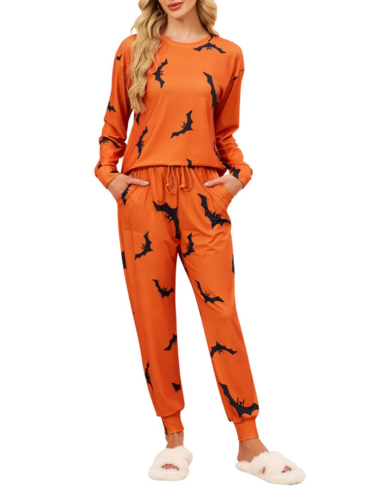 Blooming Jelly Womens Cute Pajama Sets Bat Long Sleeve Halloween Pajamas Lounge Set with Pockets 2025 (XL, Orange)