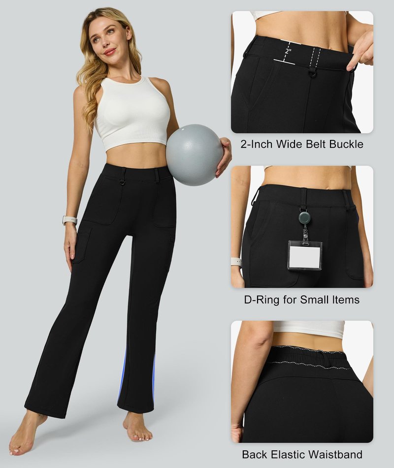 Women's Stretch Cargo Pants High Waist Bootcut Flare Leggings with 6 Pockets Soft Yoga Work Pants for Business Casual, Travel, Athletic Black(L)