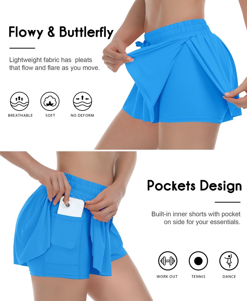 QooNoo 2 in 1 Athletic Shorts for Women Flowy Running Butterfly Shorts with Pockets High Elastic Gym Shorts Workout Tennis Skorts (Black,X-Small)