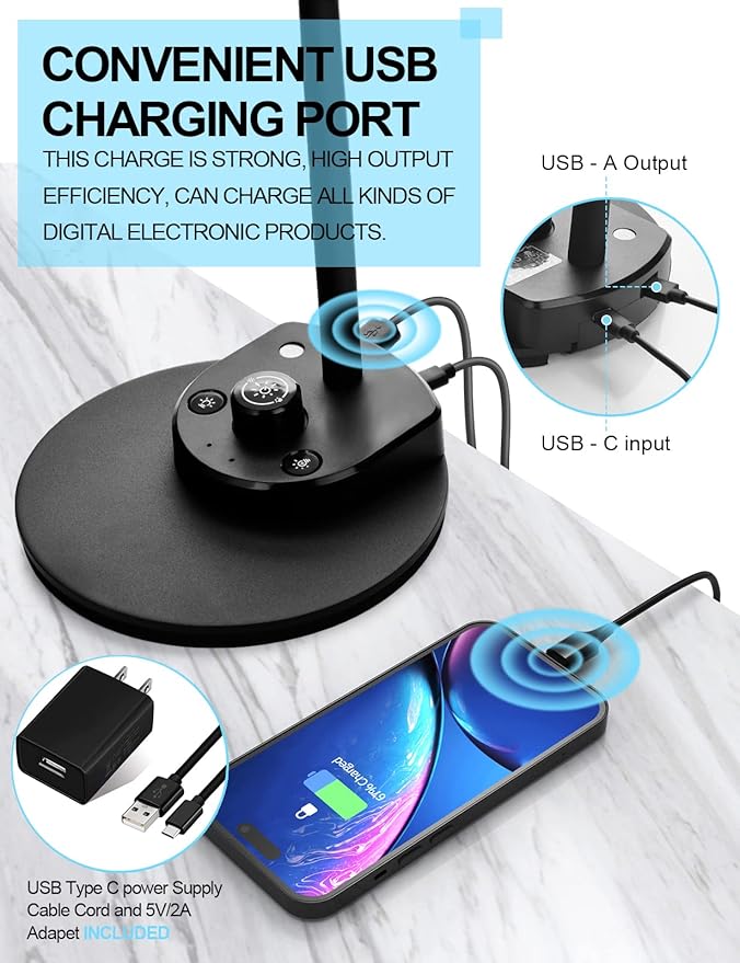 BOHON LED Desk Lamp with USB Charging Port 3 Color Modes Dimmable Reading Light Intelligent Induction Auto Dimming Task Lamp Flexible Gooseneck Table Lamp for Bedside Office, AC Adapter Include