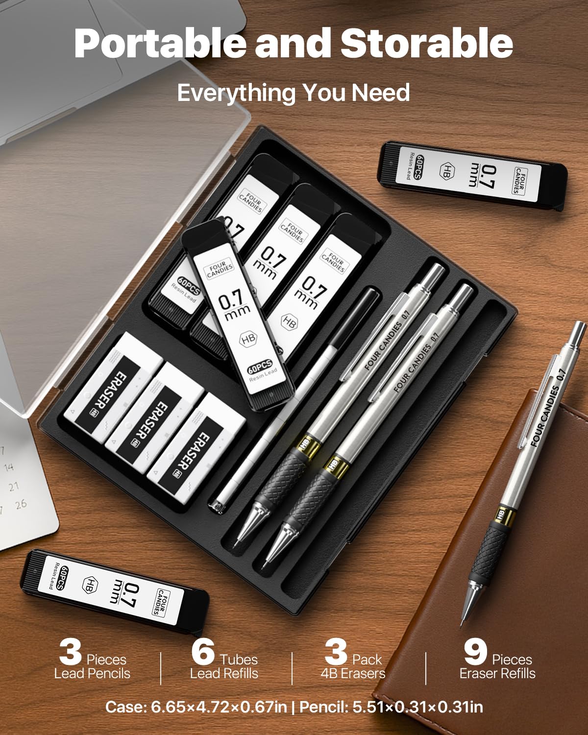 Four Candies Metal Mechanical Pencil Set - 3PCS 0.7mm Art Mechanical Pencils & 360PCS HB Lead Refills & 3PCS Erasers & 9PCS Eraser Refills, Drawing Mechanical Pencils for Writing, Sketching-With Case