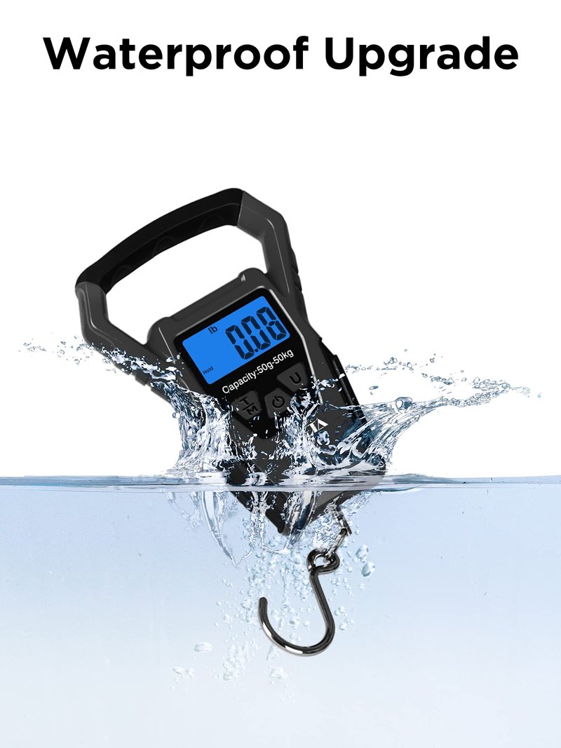 HEETA Waterproof Fish Scale Digital with Backlit LCD Display, 110lb/50kg Portable Hanging Scale Fishing Scale for Home and Outdoor, Measuring Tape and 2 AAA Batteries Included (Black)