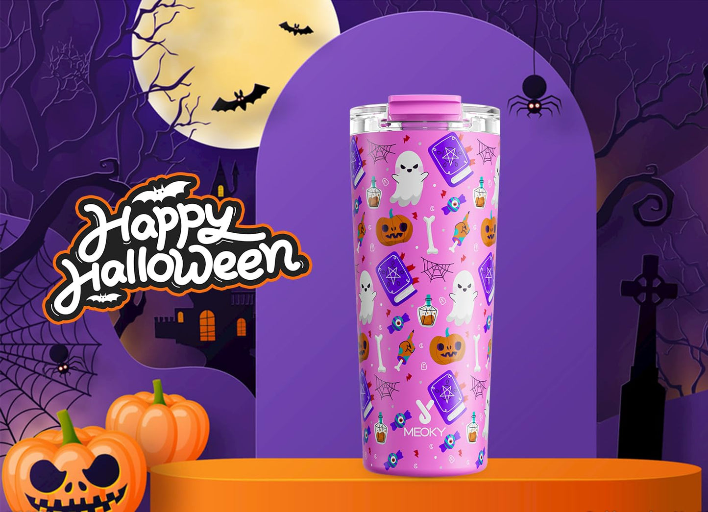 Meoky 24 oz Halloween Travel Coffee Mug with Leak-proof Lid, Stainless Steel Insulated Coffee Tumbler, Keeps Hot for 8 Hours or Cold for 24 Hours, Fits in Car Cup Holder (Spooky Pumpkin)