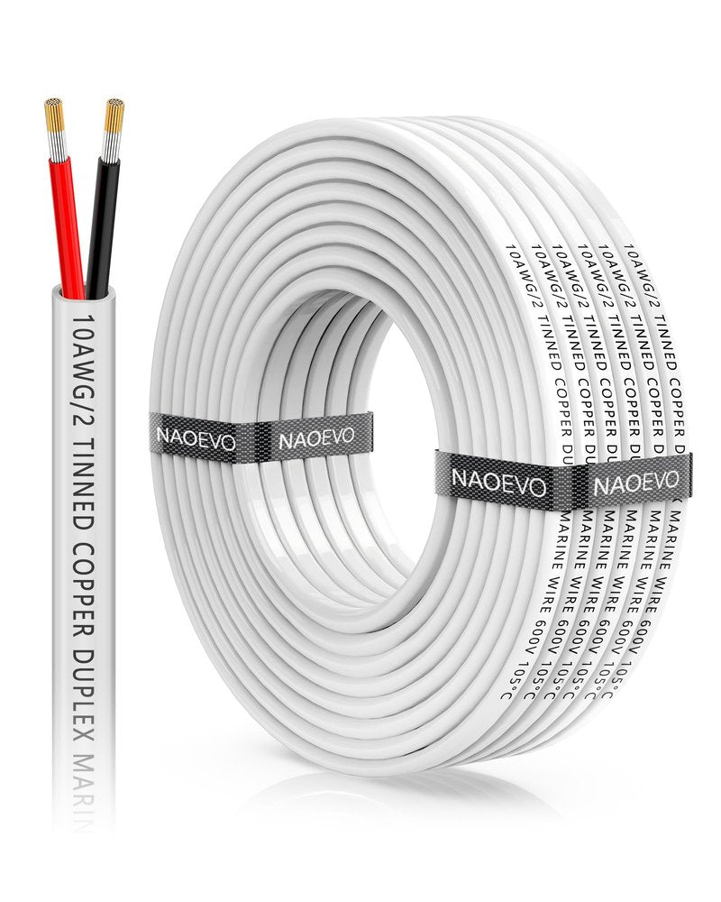 NAOEVO 10 Gauge Marine Wire Duplex, 10 AWG Stranded PVC Marine Electrical Wire, Waterproof/Corrosion Resistant/Tinned Copper Electrical Cable for Boat/Automotive/RV/Solar (30FT)