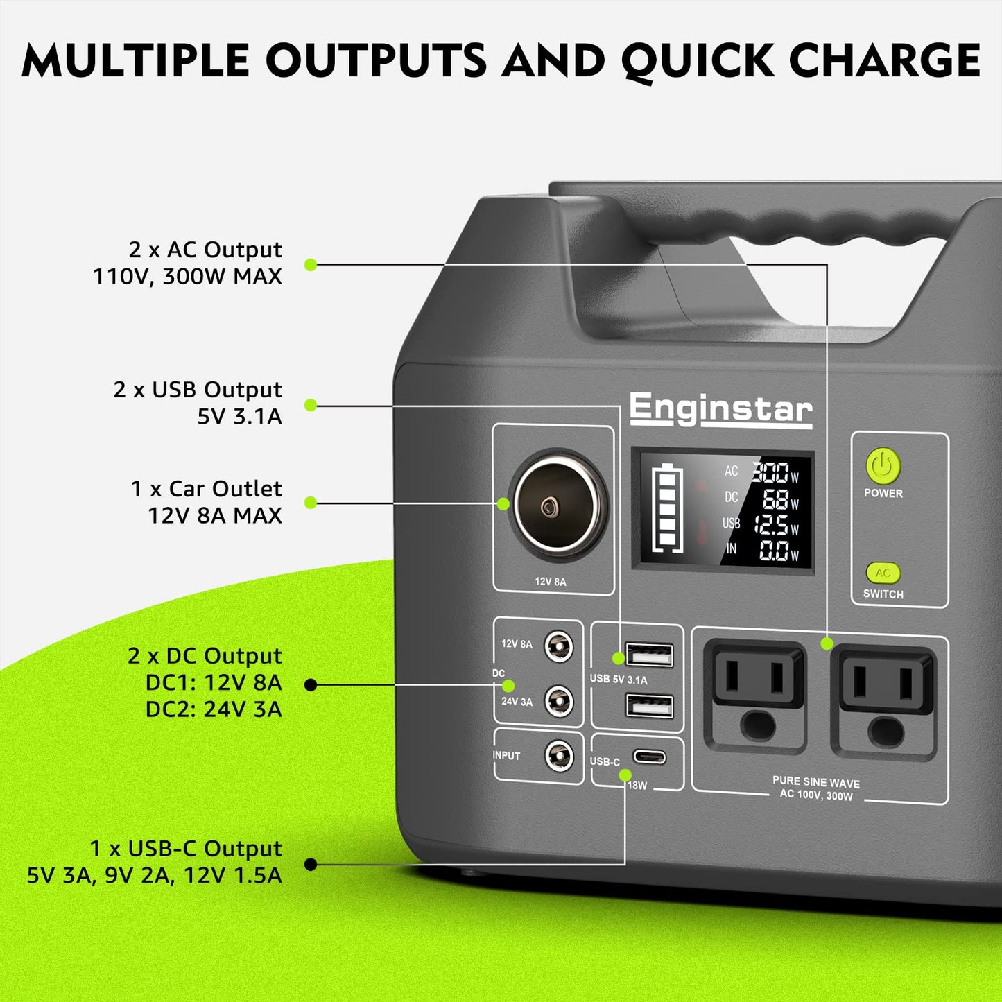 Portable Power Station EnginStar 300W Solar Generator 110V 296Wh Power Bank Two Pure Sine Wave AC Outlet 80000mAh Lithium Battery Pack for Camping Outdoors Trip RV Hunting Vans Emergency Backup