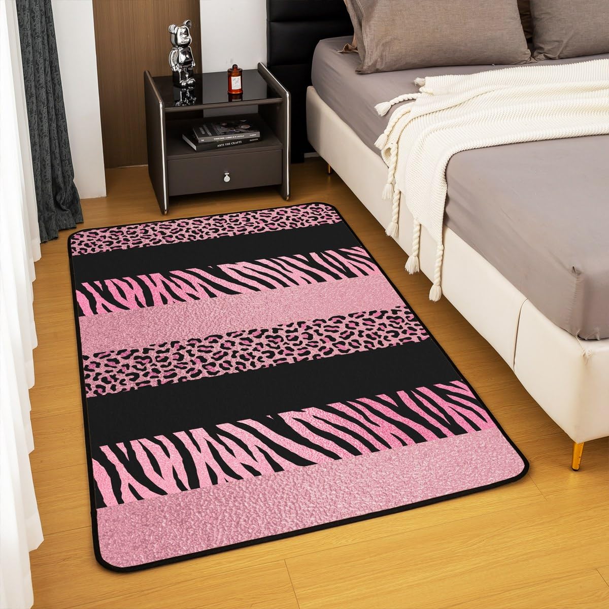 Castle Fairy Pink Leopard Print Area Rug 3x5 Wild Animal Zebra Skin Texture Decor Non Slip Rug for Girls Women Adults Black Geometric Stripes Western Style Indoor Floor Mat for Office Bedroom