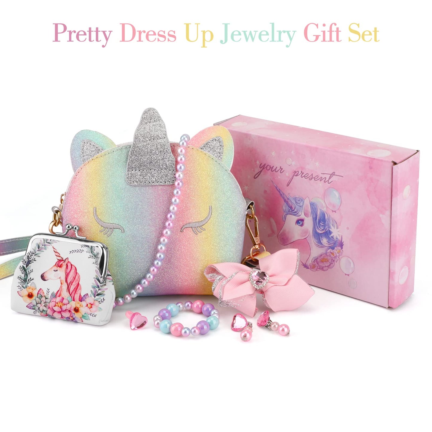 JYPS monedero unicornio para niñas, 7 monederos lindos para niños, bolsos cruzados con juego de joyas para niños, regalos de cumpleaños, juguetes de unicornio.