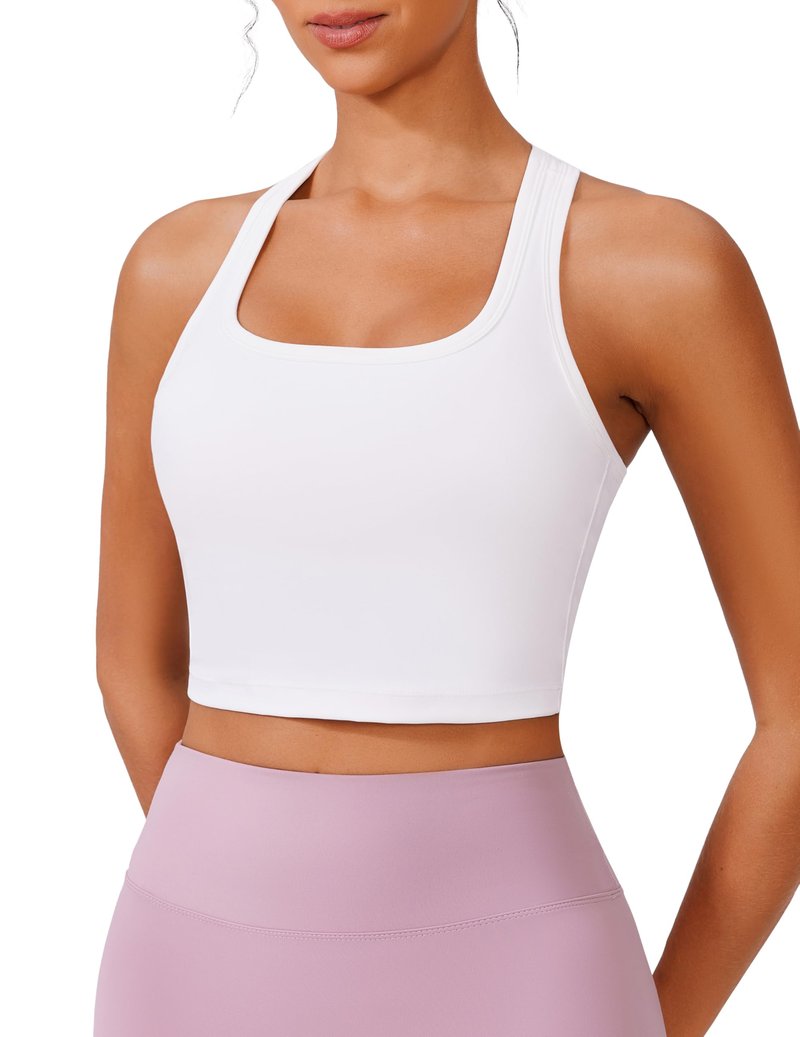 PINSPARK Racerback White Sports Bras for Women Wireless Padded Workout Tank Tops U Neck Longline Yoga Tops Built in Bra Light Support Medium,White