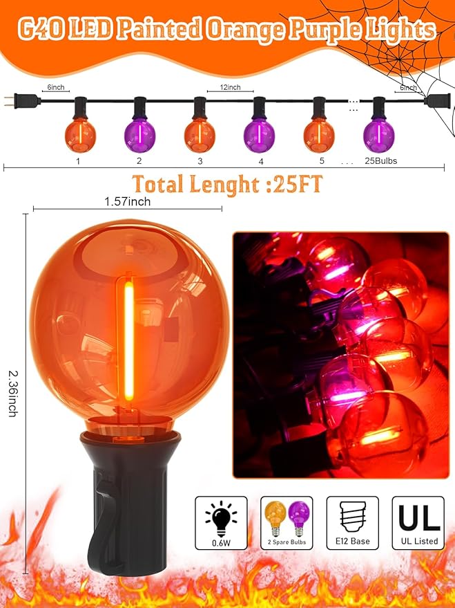 25FT G40 LED Outdoor Halloween String Lights, Orange and Purple Halloween Decoration Lights with 25 Globe LED Bulbs, UL Listed Hanging String Lights for Holiday Porch Garden Patio