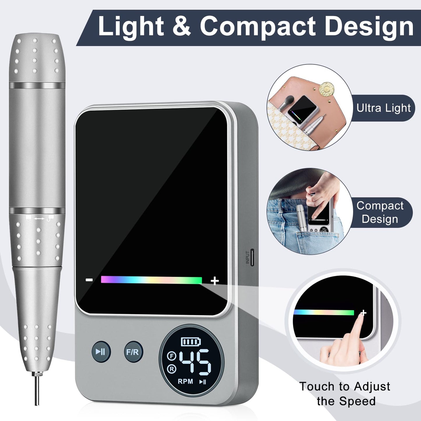 Electric Nail Drill Professional 45000RPM, Portable Smart Touch Display Electric Nail File, 4000mAh Rechargeable Nail Drill Kit for Remover Acrylic & Gel Nails Manicure for Salon Home