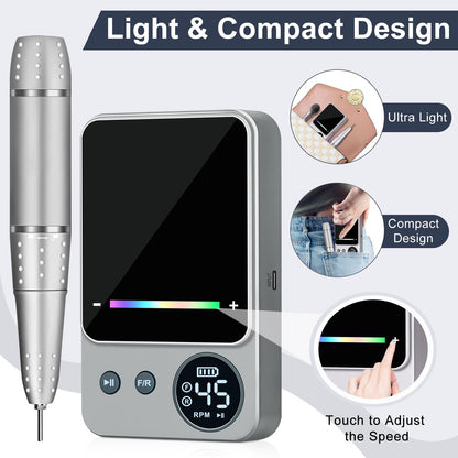 Electric Nail Drill Professional 45000RPM, Portable Smart Touch Display Electric Nail File, 4000mAh Rechargeable Nail Drill Kit for Remover Acrylic & Gel Nails Manicure for Salon Home