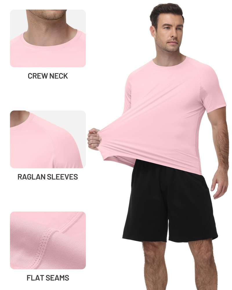 Runhit Mens Swim Shirt Short Sleeve UPF 50+ Sun Protection T-Shirt UV SPF Athletic Rash Guard for Fishing Beach Outdoor Sports Quick Dry Pink L