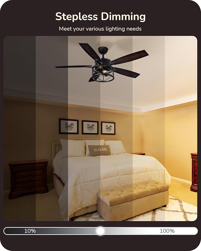 EDISHINE 42“ Farmhouse Ceiling Fans with Lights and Remote, 10%-100% Dimmable, 6 Speeds, Wood Blades, DC Reversible Motor, Timer, Noiseless, Small Rustic Ceiling Fan for Bedroom Living Room, UL Listed