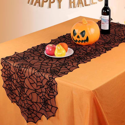 5Pack Halloween Decorations Indoor Halloween Decor Black Lace Table Runner Fireplace Mantel Scarf Round Tablecloth Cobweb Lampshade with 32 Pcs 3D Bat Wall Stickers