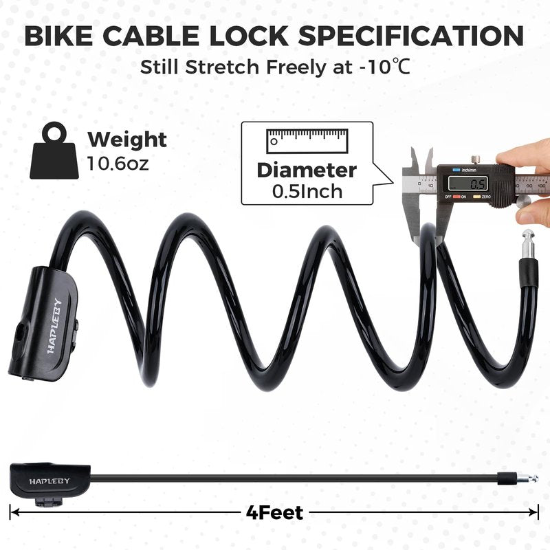 Hapleby Premium Bike Lock with 2pcs Keys, Professional Bike Cable Lock of 4 Feet, Heavy Duty Bicycle Lock Cable for Strong Anti-Theft, Come with 1PCS Mounting Bracket